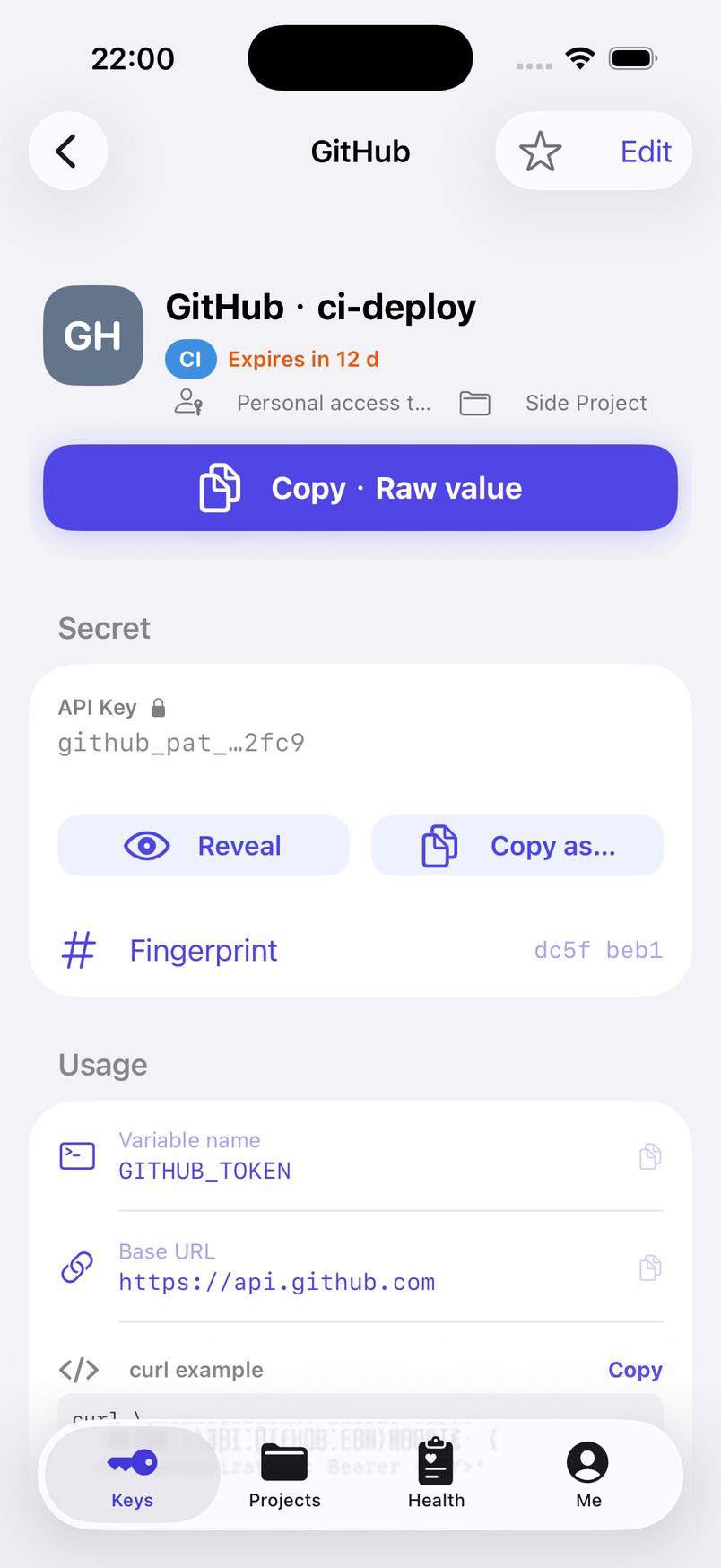 A key's detail page: reveal, copy as…, links