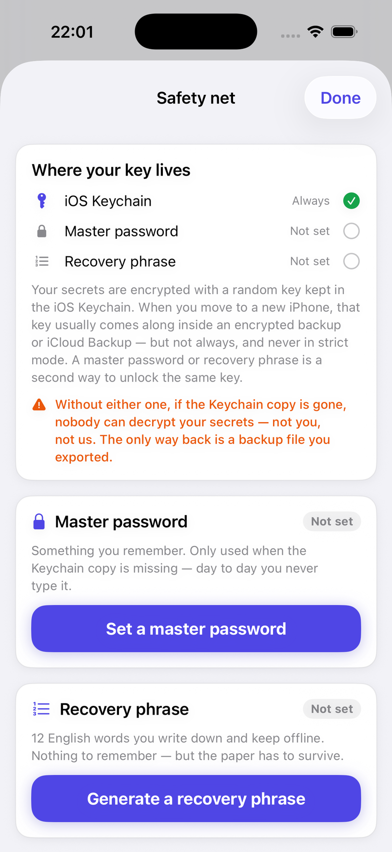 Safety net: master password and recovery phrase